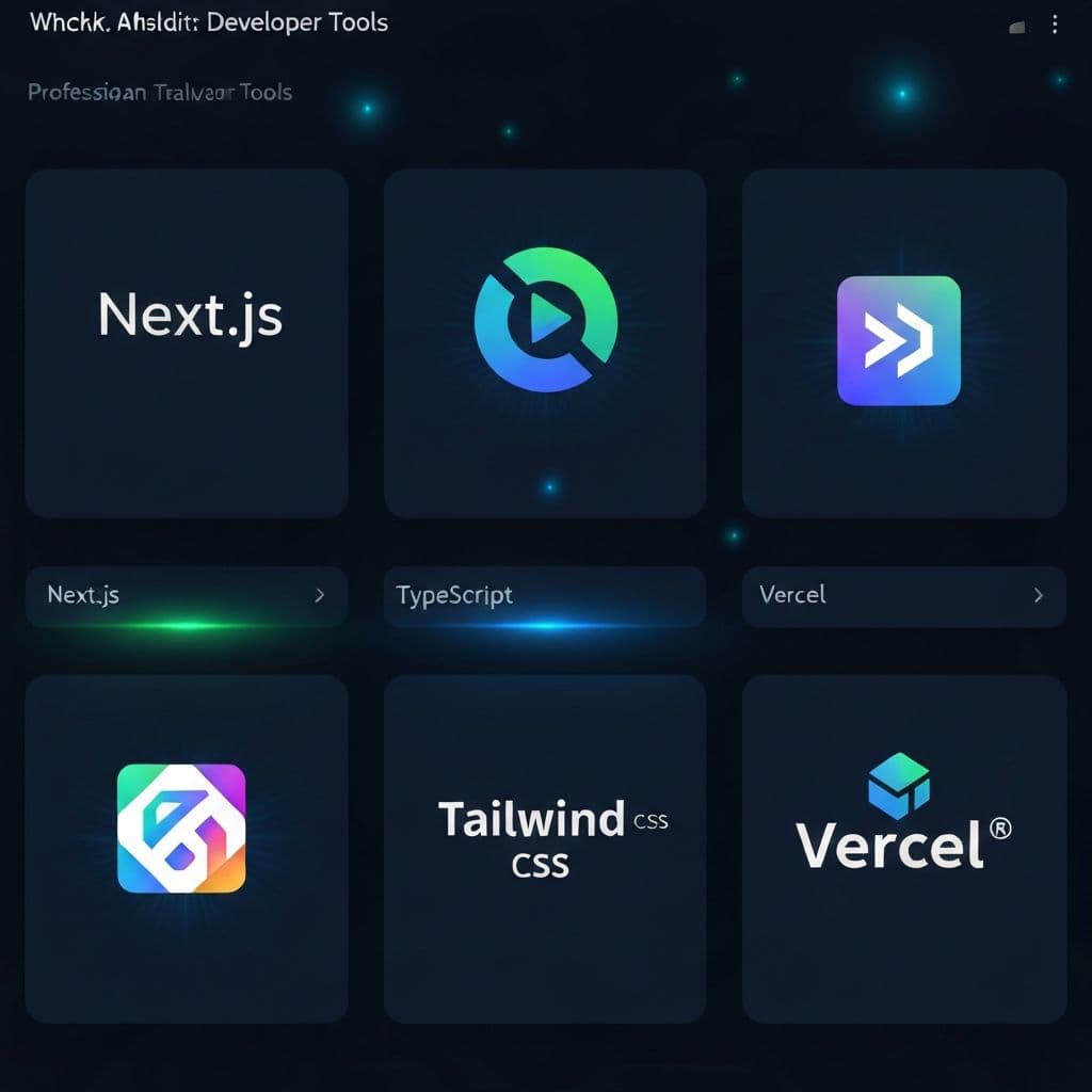 Tech stack visualization showing Next.js, TypeScript, Tailwind CSS and Vercel logos